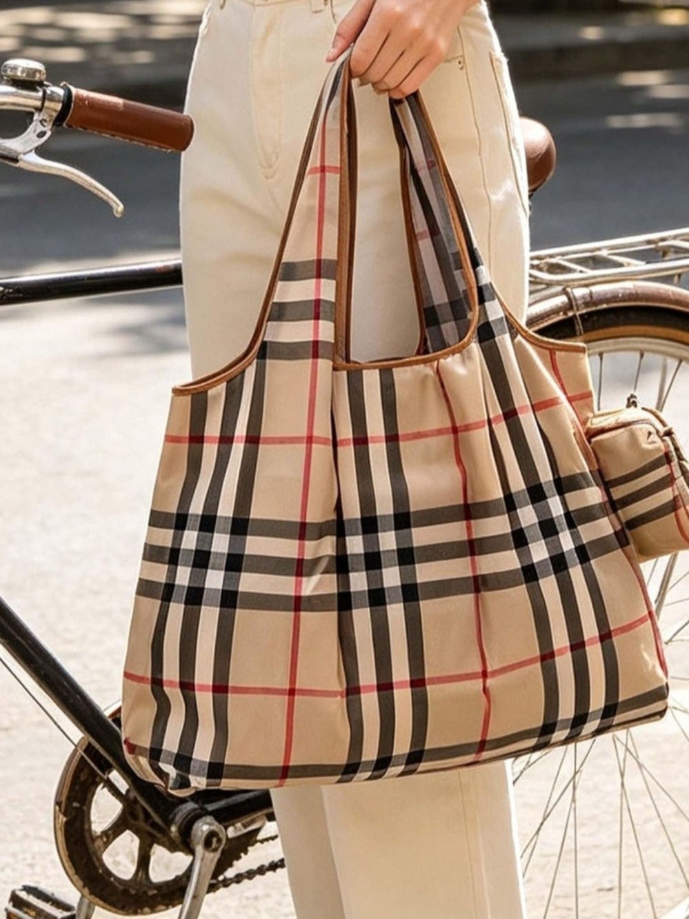 Beige Plaid Tote Bag with Brown Trim - Women - Picture 2 of 5